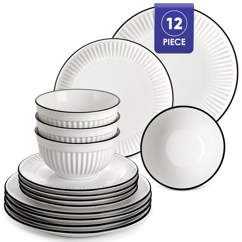 Piece Porcelain China Dinnerware Set - Service for 4, White/Black