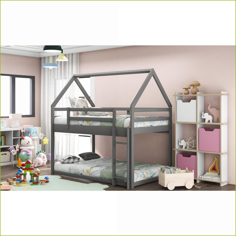 Lit superposé simple simple au-dessus de simple avec cadre de maison - Bois de pin et amp; Fabrication en panneau de fibres à densité moyenne, gris - aucun sommier nécessaire pour la chambre d'amis
