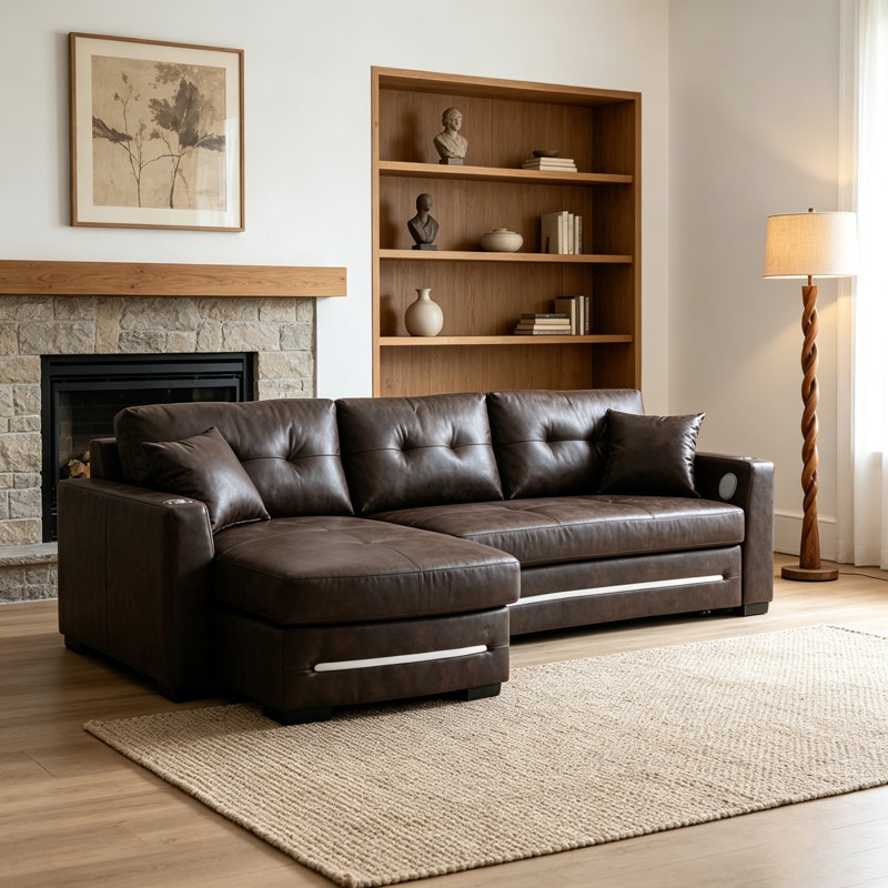 2-in-1 Sofa Bed with Storage, Charging & Bluetooth – Space-Saving for Apartments, Brown, Left Hand Facing