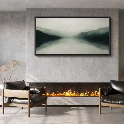 Misty Lake and Mountain Framed Canvas - Tranquil Landscape in Cool Gray Tones