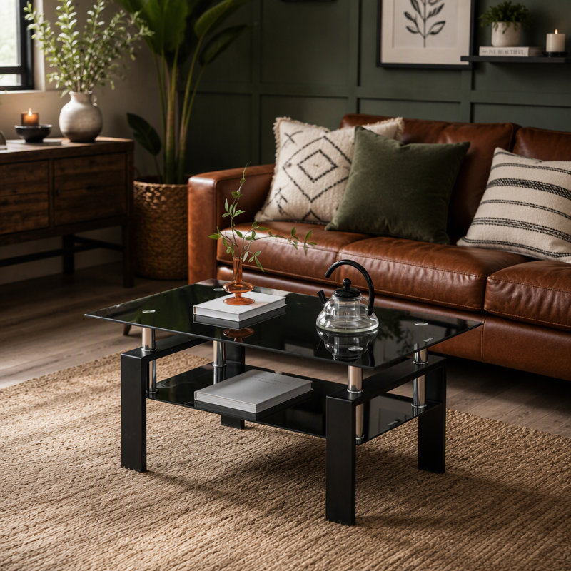 Black Tempered Black Glass Coffee Table, 2-Layers Tea Table with Metal Legs 100x55x45