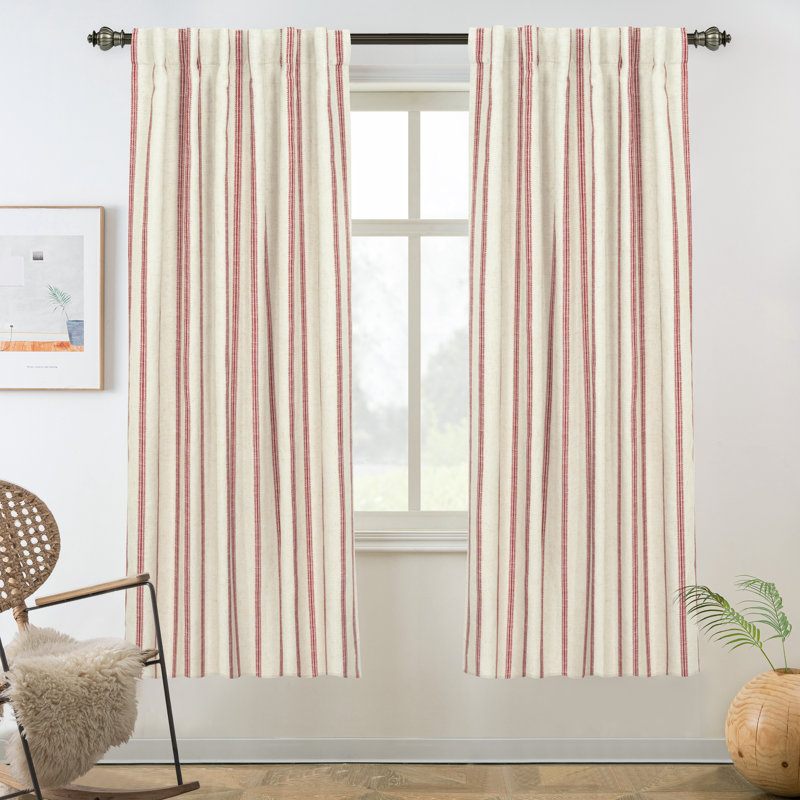 Paire de rideaux occultant, Rayure rouge / languette en lin clair, L 52 po x L 63 po