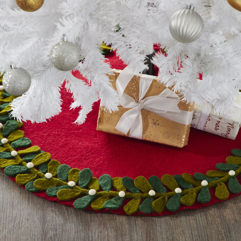 Handmade Red Felt Christmas Tree Skirt with Mistletoe Border
