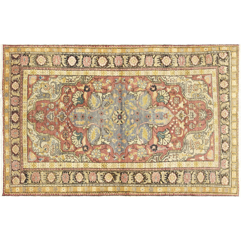 Tapis unique en laine noué à la main des années 1960 de 4 pi 2 po x 6 pi 8 po en jaune / rouge / noir