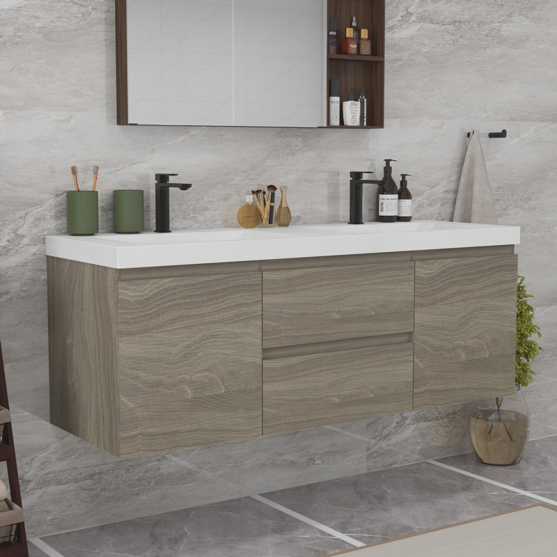 Meuble-lavabo de salle de bain avec tiroirs rembourrés, Gris