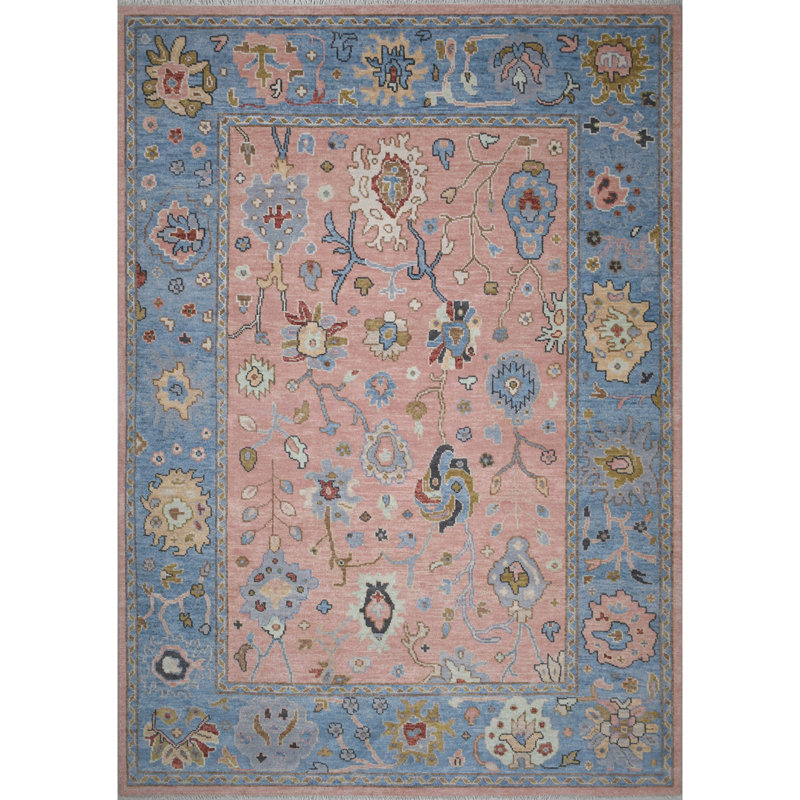 Hand-Knotted Blue and Pink Wool 10' x 14' Area Rug