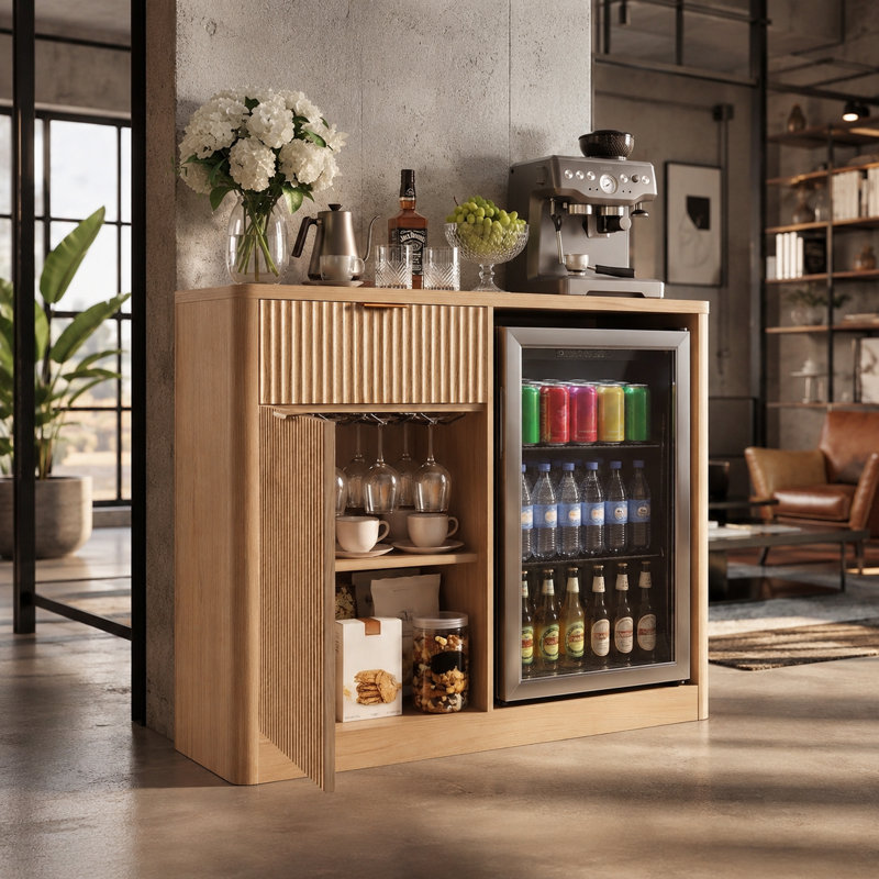 Meuble-bar à café UNAFLOR 2 pièces avec réfrigérateur, poubelle à bascule et borne de recharge, Naturel