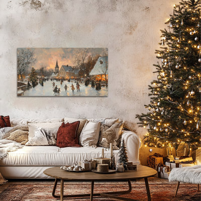 Christmas Canvas Wall Art, Festive Town Square Canvas Prints, Classic Winter Snow Scene Wall Painting, Christmas Picture for Living Room Bedroom, Holiday Wall Decor Poster, 32x16 Inch