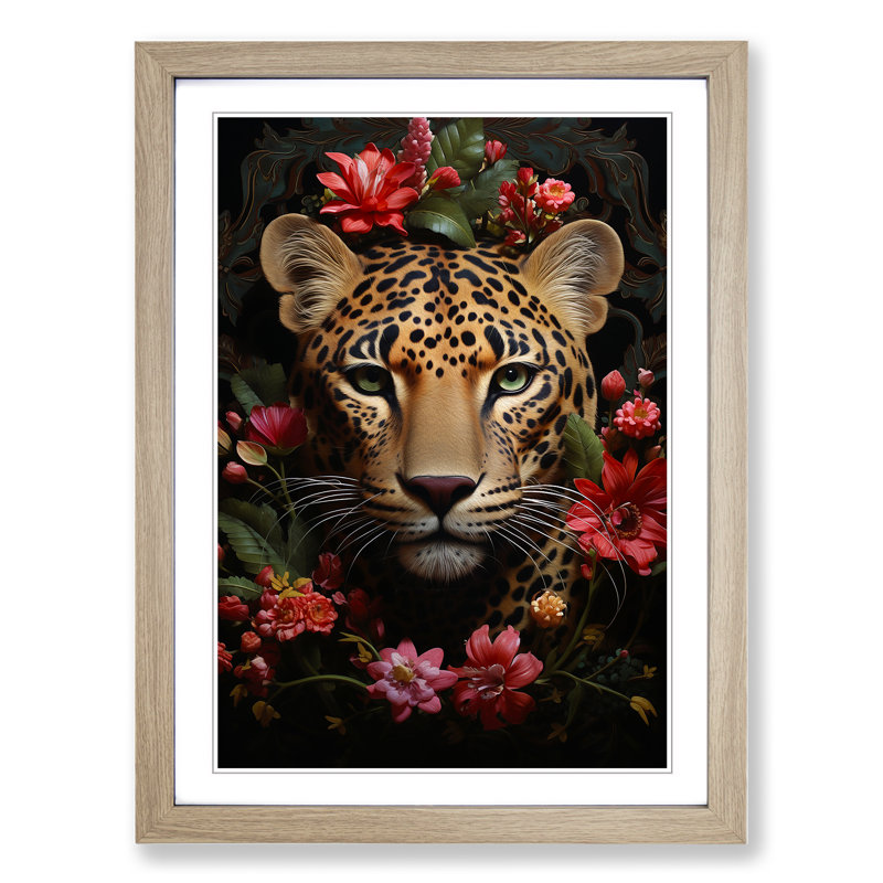 Leopard Rococo - Single Picture Frame Print on Wood, 34cm H x 25cm W x 2cm D, Oak Framed