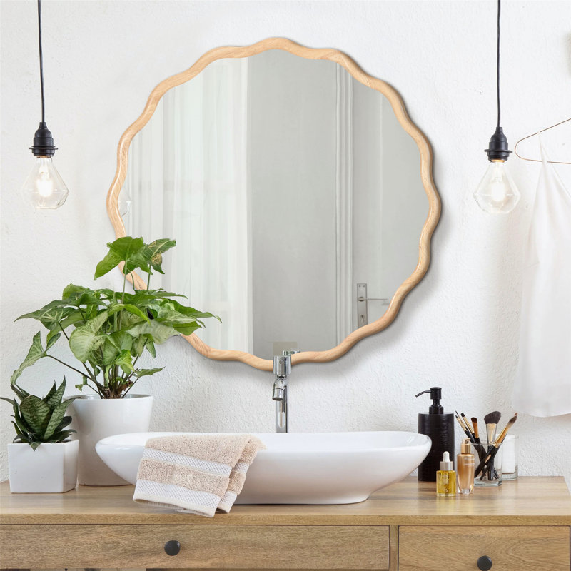 Miroir ondulé en bois massif exquis pour diverses pièces, rehaussant le décor, 31 po x 31 po, Bois naturel