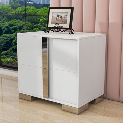 Jaris Wood Nightstand, Mirrored Bedside Table with 2 Drawers and Metal Handle for Bedroom