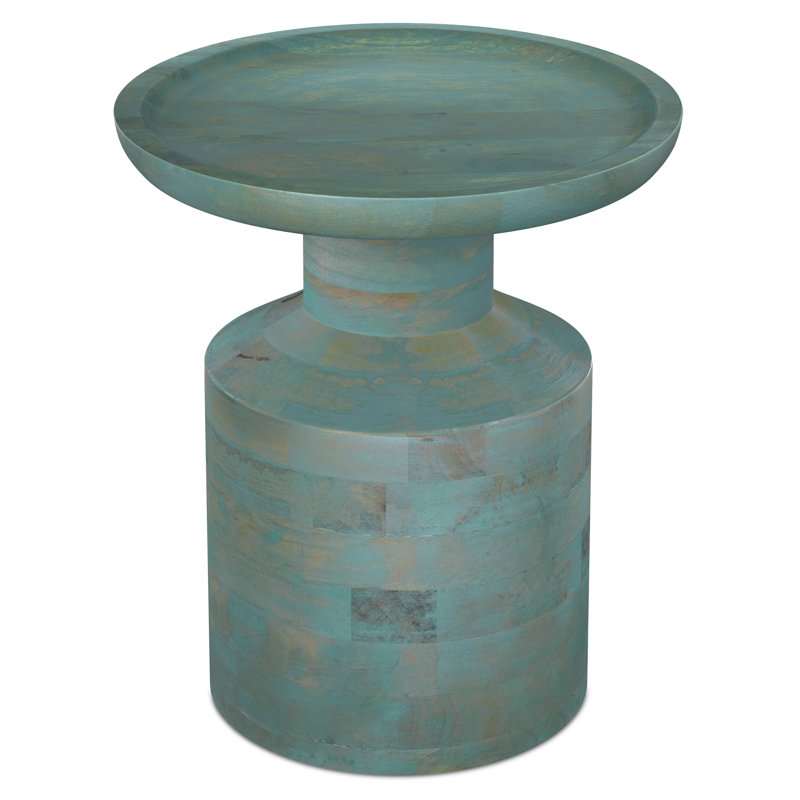 Haynes 16"W Solid Mango Wood Round Boho Accent Table with Sculptural Design, Teal