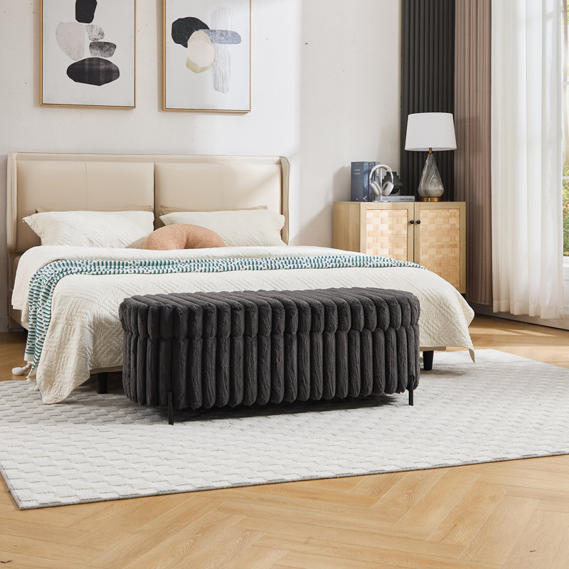 49.2"w Fuzzy Fabric Storage Bench With Metal Legs For Entryway,bed Room, Charcoal