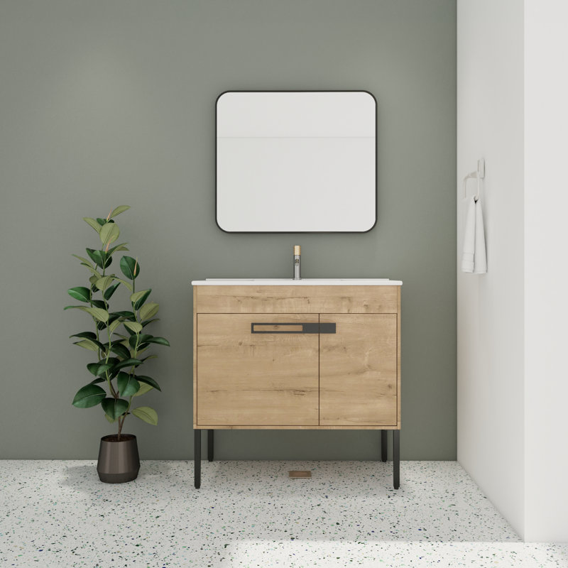 Kazuhiro 36.47'' Single Bathroom Vanity with Ceramic Top, Oak