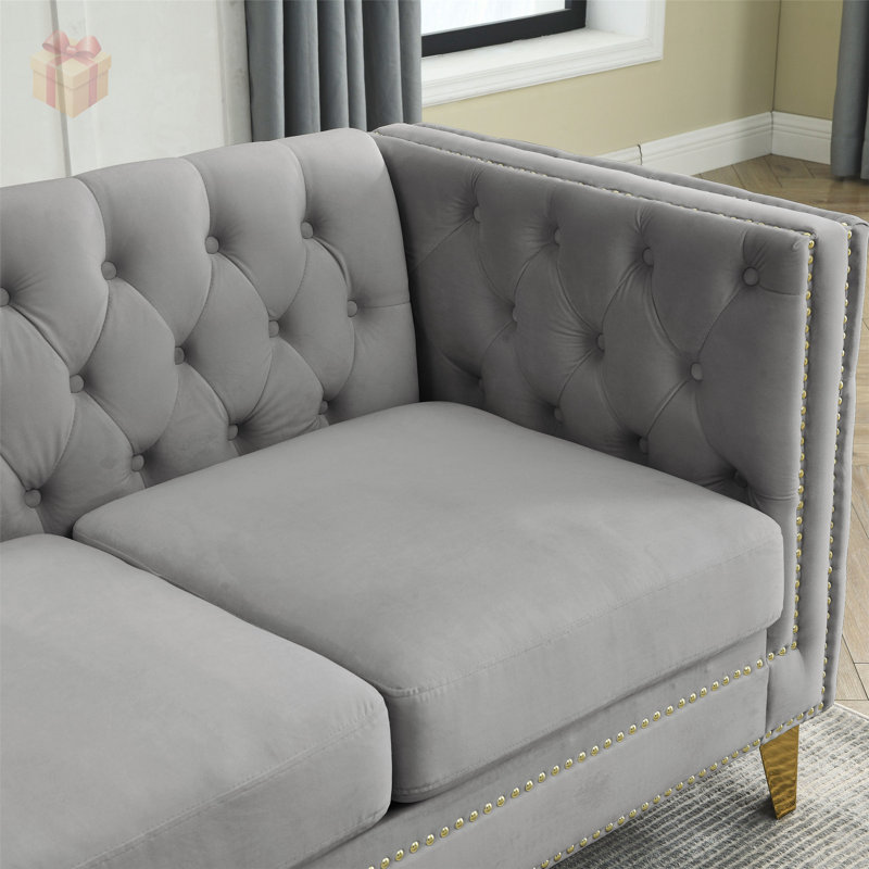 Luxueux canapé modulaire en L en velours avec 3 coussins, parfait pour le confort et le style de tout espace de vie, Gris