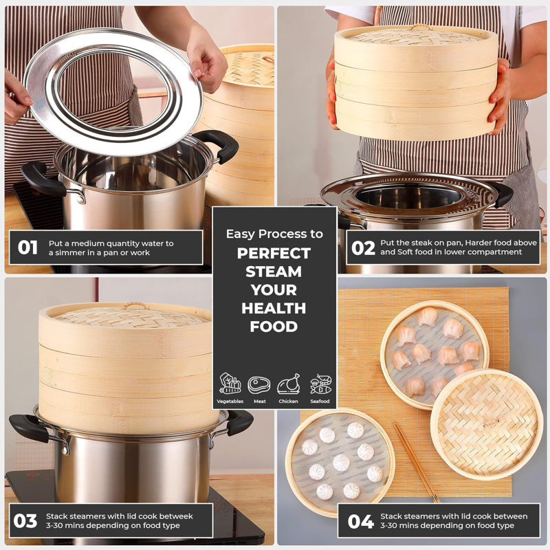 Belfry Kitchen 2 Tier Bamboo Steamer Set 10 Cm Two-tier Food Steamer Basket Vegetable Steamer Bamboo Healthy Cooking