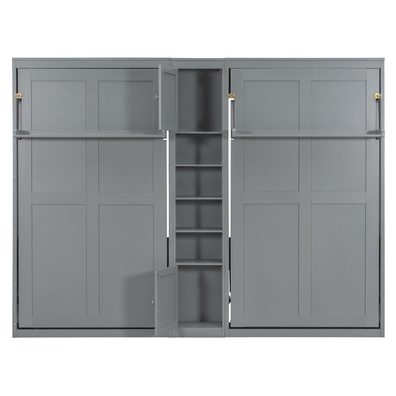 Deux lits escamotables doubles avec armoires et tablettes, Gris