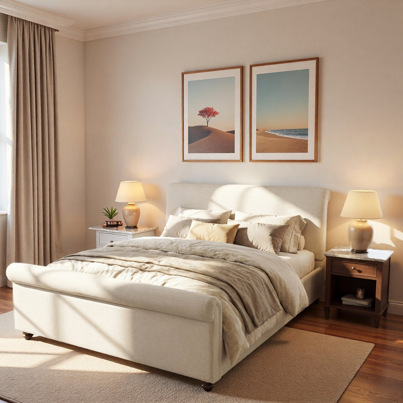 Lit rembourré avec bords roulés épais, pieds ovales à double couche rétro et tête de lit robuste, Grand lit, Beige