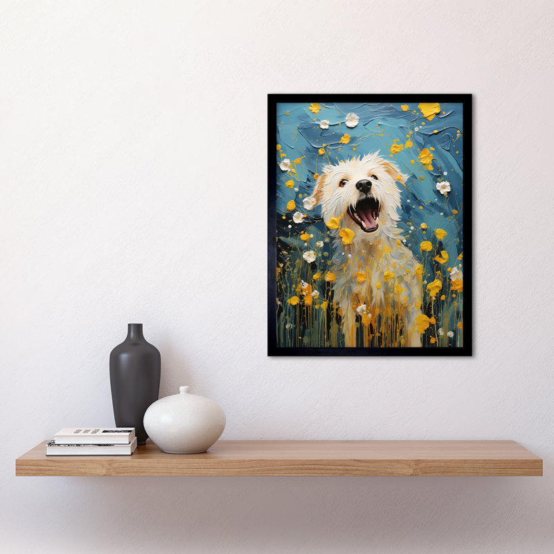 Chasing The Flowers White Terrier In Spring Meadow - Single Picture Frame Print
