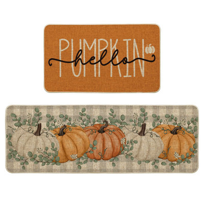 Orange Buffalo Plaid Hello Pumpkin Eucalyptus Fall Kitchen Mats Set Of 2, Home Decor Low-Profile Kitchen Rugs
