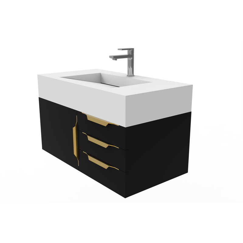 Ensemble de meuble-lavabo mural simple 36 po Nile, Blanc, Noir, Or