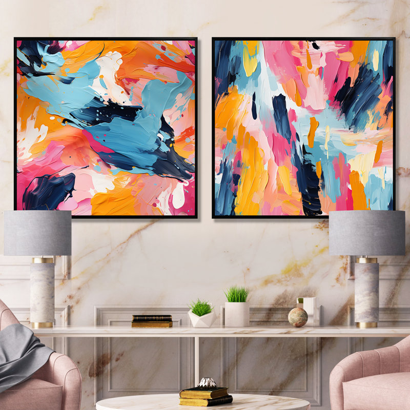 Colourful Paint Swirl Bliss - Abstract Canvas Prints Set Of 2, Black Framed, 16" H x 33" W x 1" D