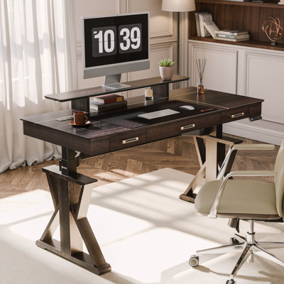 Adjustable Height Steel Executive Desk with Built-In Electrical Outlet