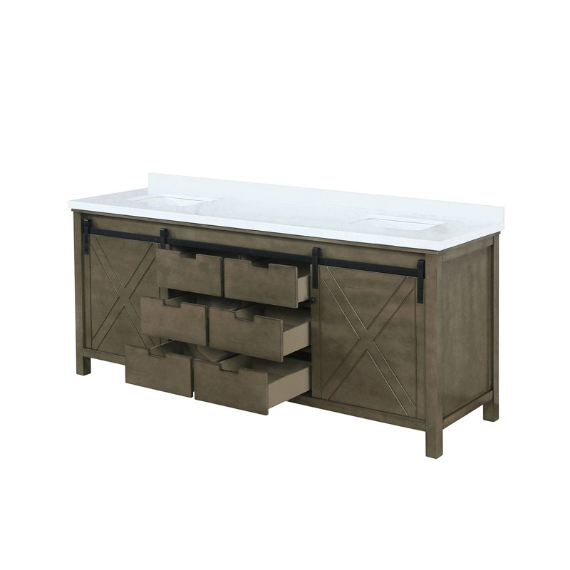 Meuble-lavabo double rustique brun 84 po X P 22 po, comptoir en quartz blanc, corps en bois massif, conception à fermeture douce, deux espaces de rangement intérieurs, six tiroirs et une tablette ouverte, plateau anti-rayures, pré-percé pour