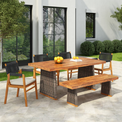 Traylor 6-Piece Japandi Acacia Wood Outdoor Dining Set With Rope Armchairs, Slatted Table & Water-Repellent Cushions
