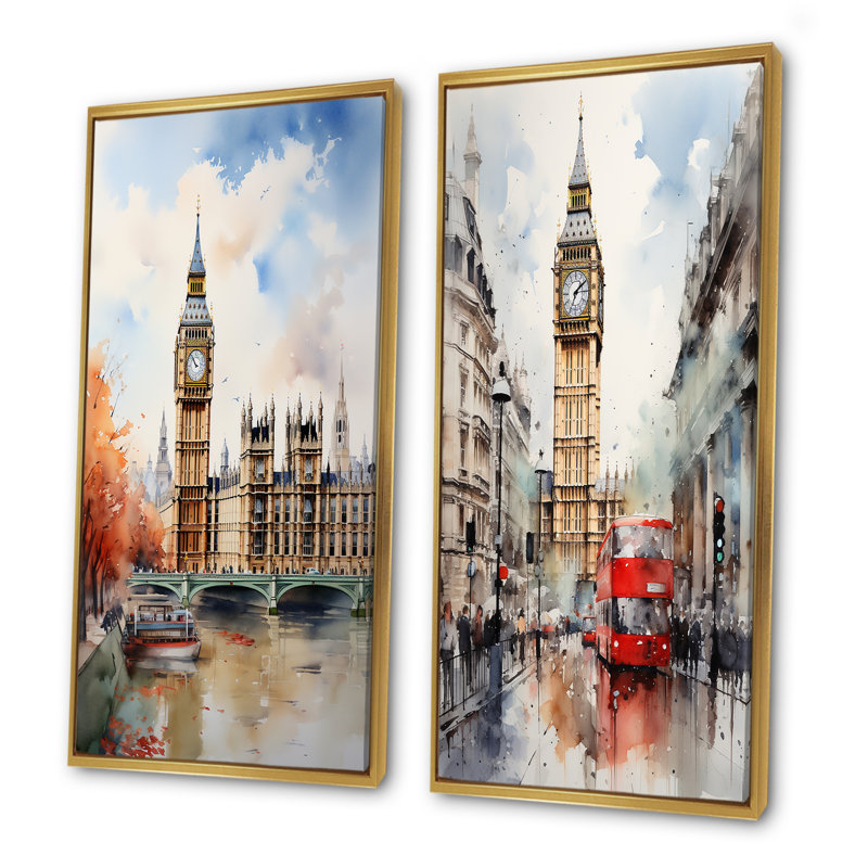 Big Benlondon Skylines I - London Skyline, ensemble de 2 impressions sur toile, Encadrement doré, H 40 po x l 41 po