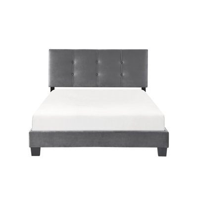 Bedroom Full Platform Bed In Dark Gray Velvet With Solid Wood Construction And Slats Frame Adjustable Headboard Low-Profile Rails