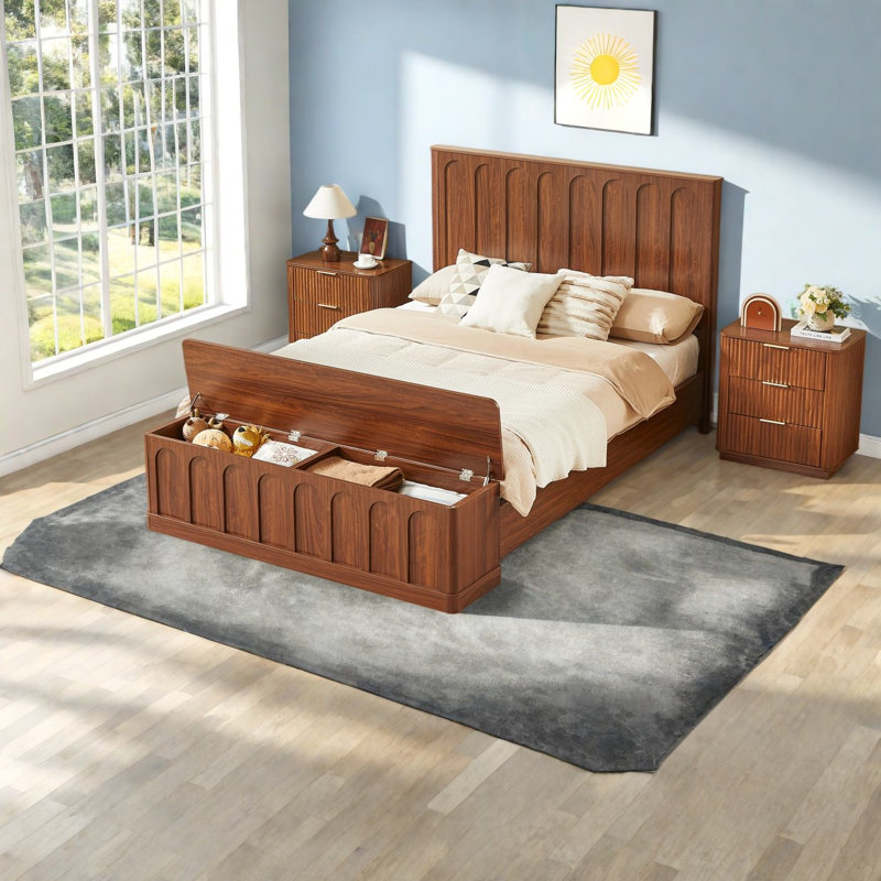 Lits avec banquette de rangement, Queen en bois MDF, plateforme moderne pour la maison, Brown 2