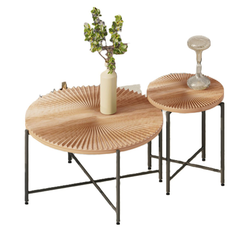 Radial Pattern 2Piece Coffee And End Table Set – Waterproof MDF With PVC Cover, Distressed Cylindrical Design, Black Metal Legs – Classic Rustic Charm, Red Cedarbrown