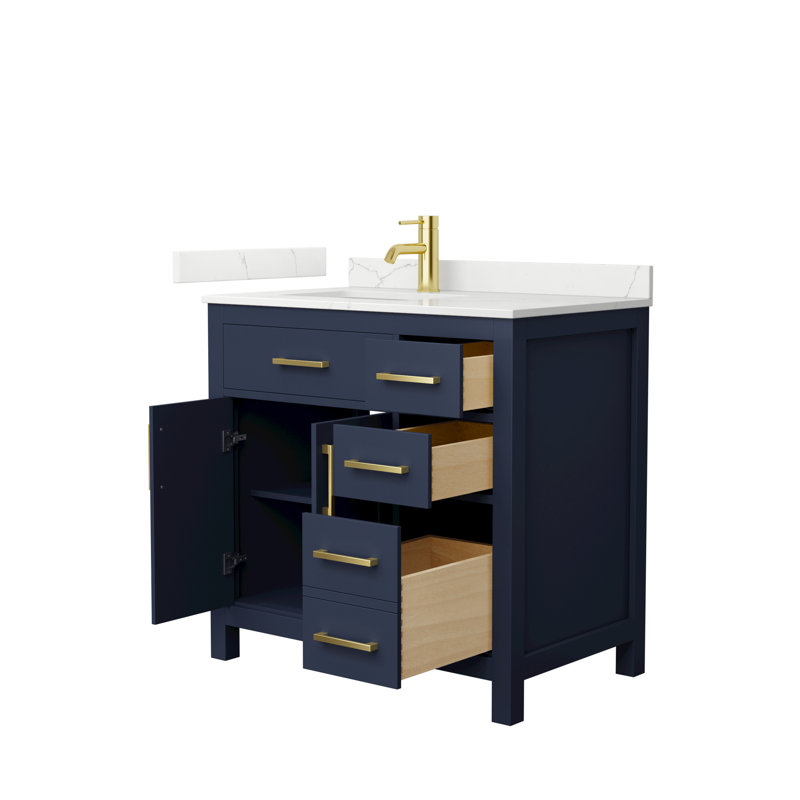 Meuble-lavabo simple autoportant 36 po avec plateau en quartz Beckett, Bleu très foncé, Or brossé, Quartz Giotto