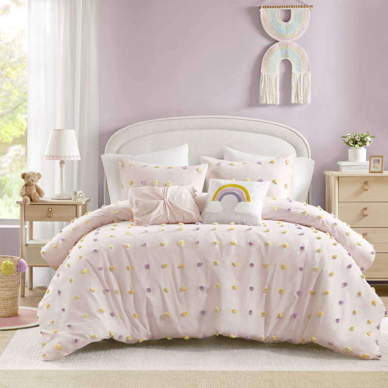 Callie Pink Multi 100% Cotton Jacquard Pom 5-Piece Full/Queen Comforter Set, Pink Multi