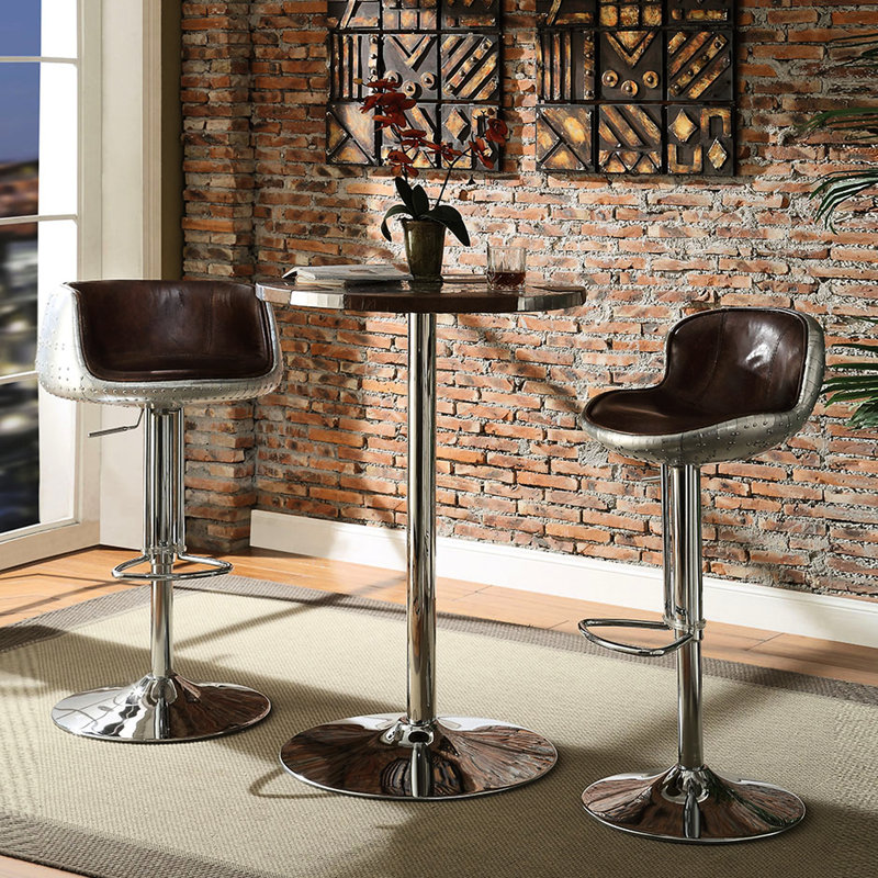 Tabouret réglable en cuir brun avec patchwork en aluminium et motif bas de couleur rétro - couleur, patchwork, structure en métal