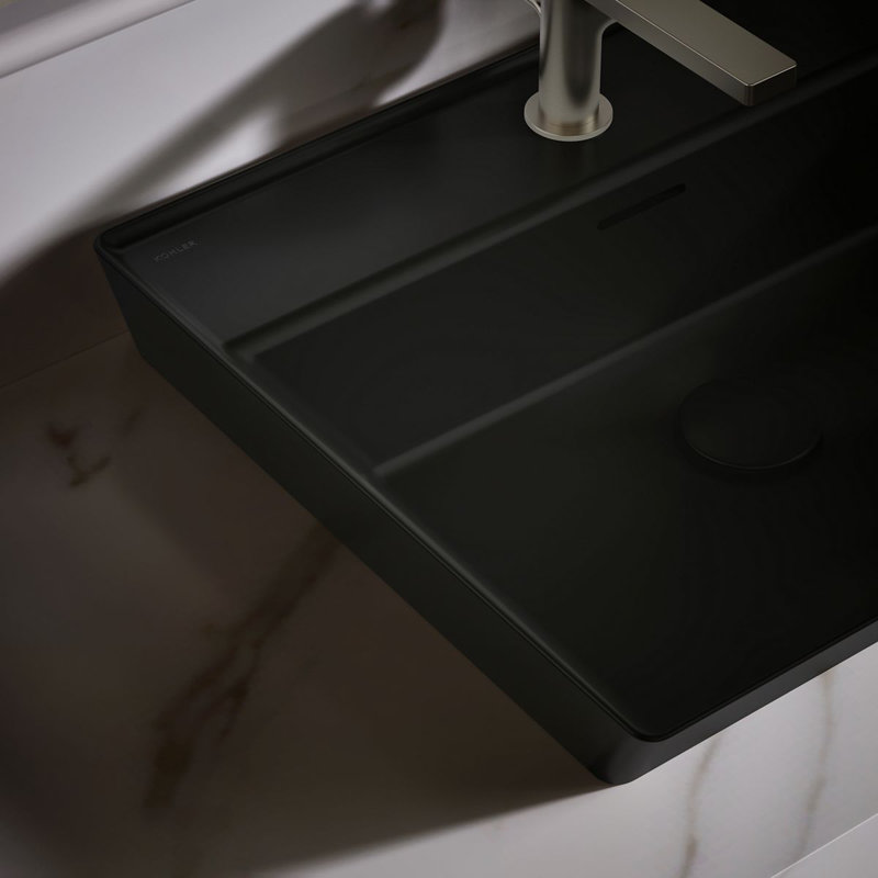 Brazn Rectangle Vessel Bathroom Sink, White, Honed Black, Single