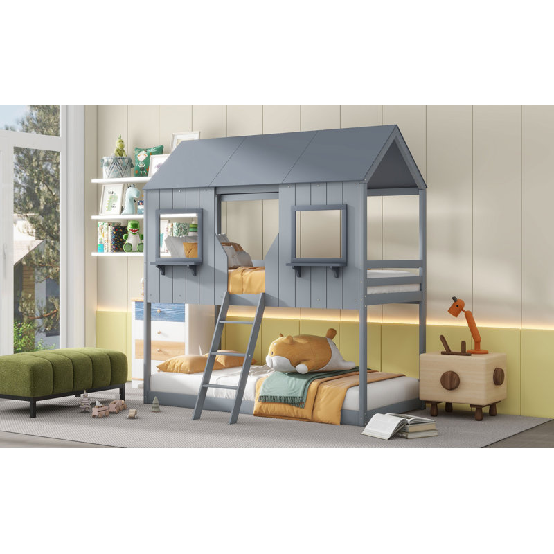 Lit superposé simple au-dessus d'un lit simple en bois avec toit, fenêtre, garde-corps et échelle, Gris