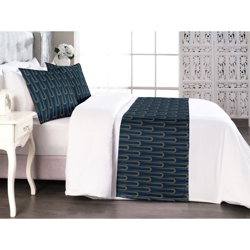 Ambesonne Art Deco Bed Runner Set Geometric Nostalgia Print Night Blue and Camel, King