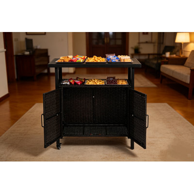 Outdoor Wicker Bar Cart, Patio Wine Serving Cart W/Wheels , Rolling Rattan Beverage Bar Counter Table W/Glass Top For Porch Backyard Garden Poolside Party, Black