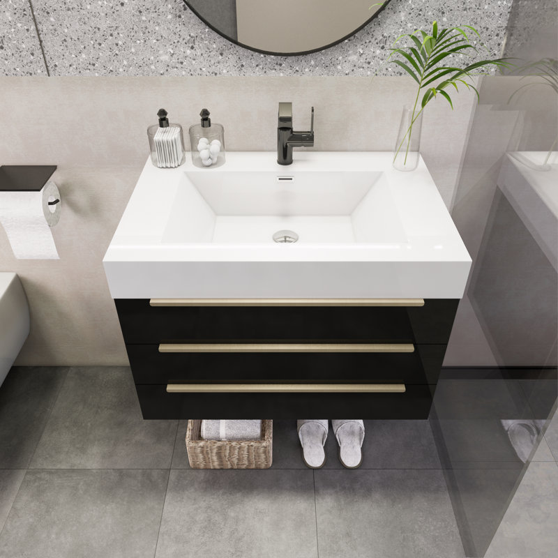 Ensemble de meuble-lavabo mural simple 29,8 po Platte, Noir très lustré