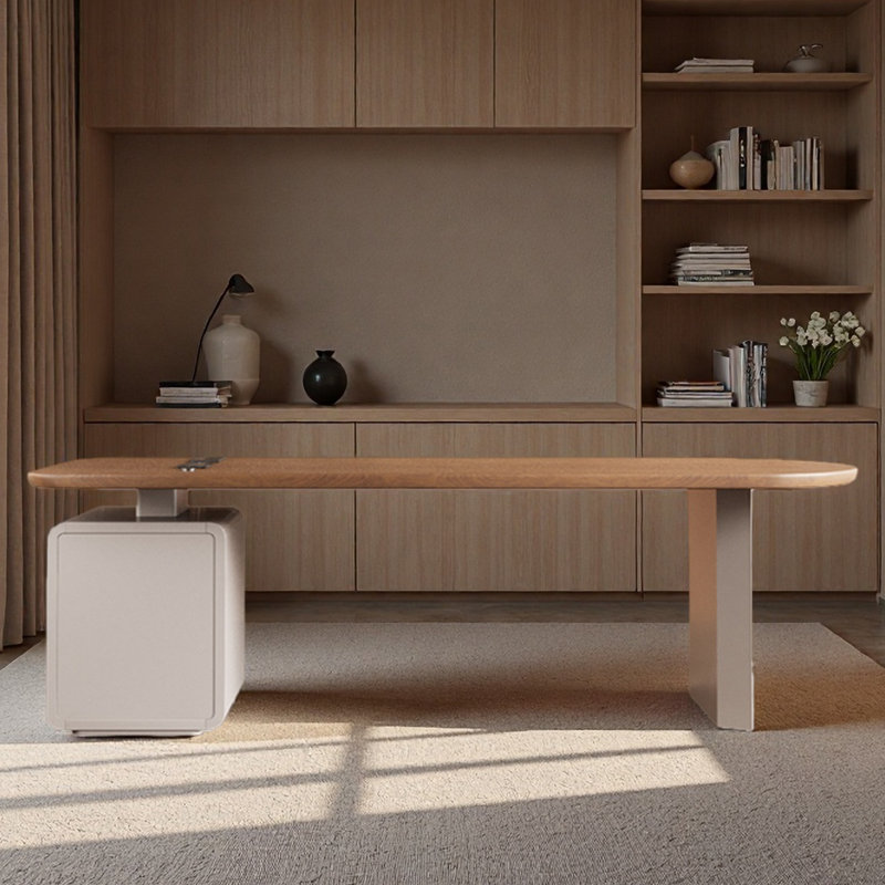 Bureau en bois massif de couleur crème au design simple, H 29,53 po x l 86,61 po x P 31,5 po