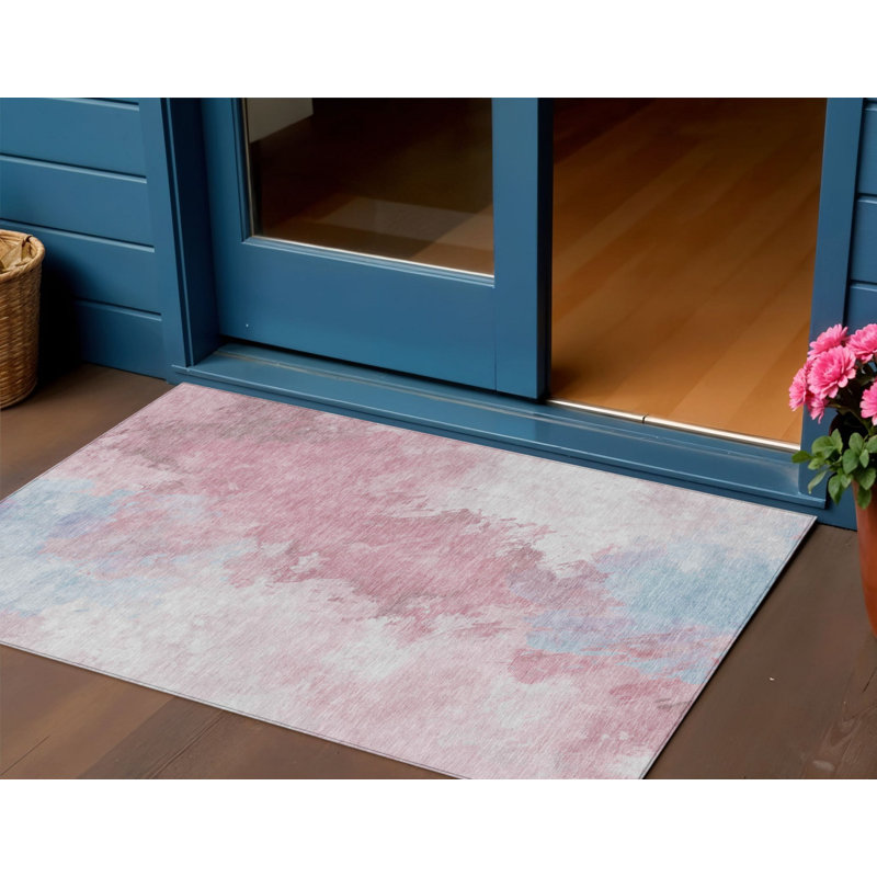 3' X 5' Blush Ivory And Blue Abstract Washable Indoor Outdoor Area Rug