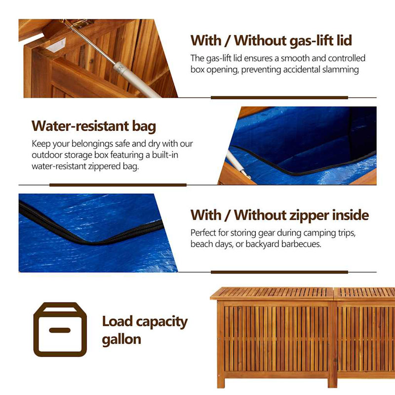 Acacia Wood Outdoor Deck Storage Box with Gas Lifts