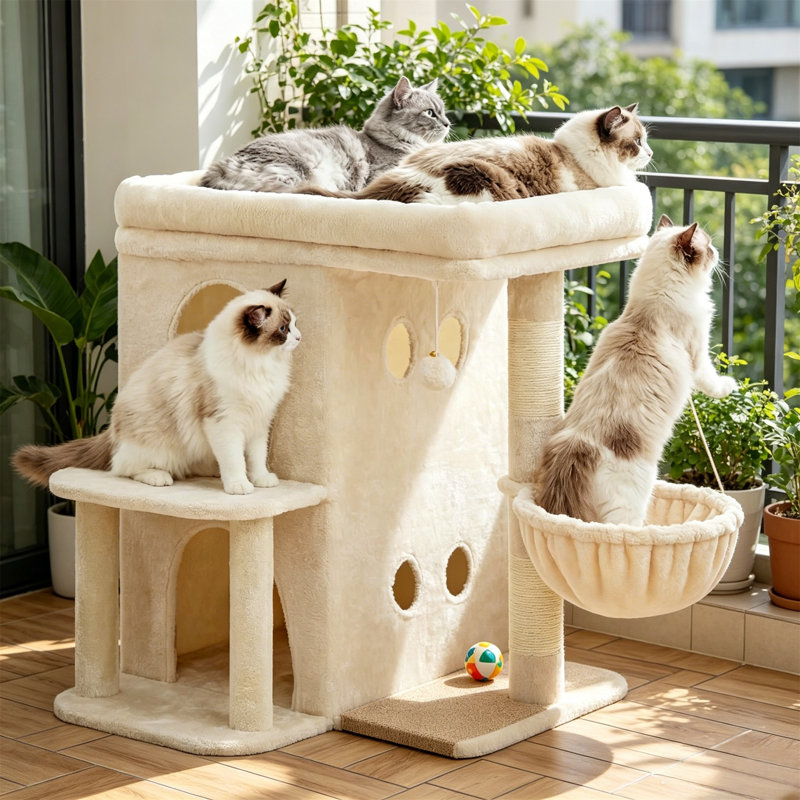 Grand arbre à chat 25,6 po, perchoir supérieur, condos doubles, poteaux à griffes et panier