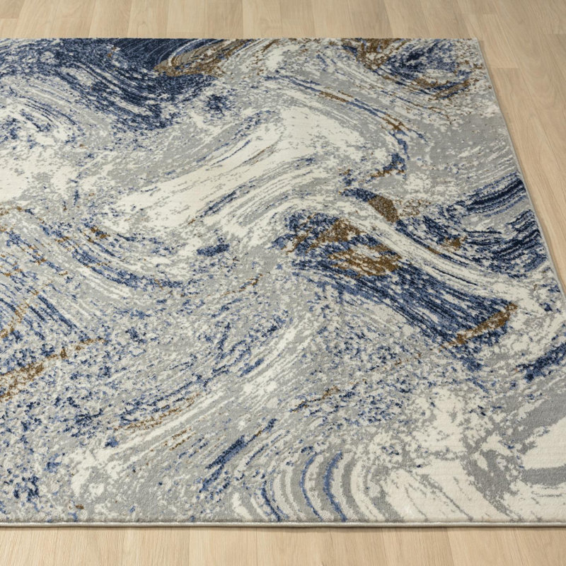 Abstract Machine Woven Polypropylene Marble Area Rug in Blue, Rectangle 4' x 5'