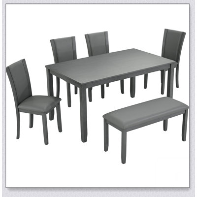 Ensemble de table de salle à manger 6 pièces avec banc et chaises, ensemble de table de salle à manger en bois pour 6 personnes, ensemble de table de salle à manger moderne pour 6 personnes, gris