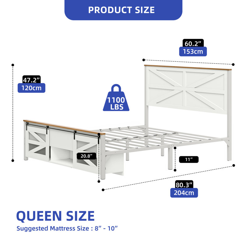 Farmhouse Rustic Platform Bed, White, Queen