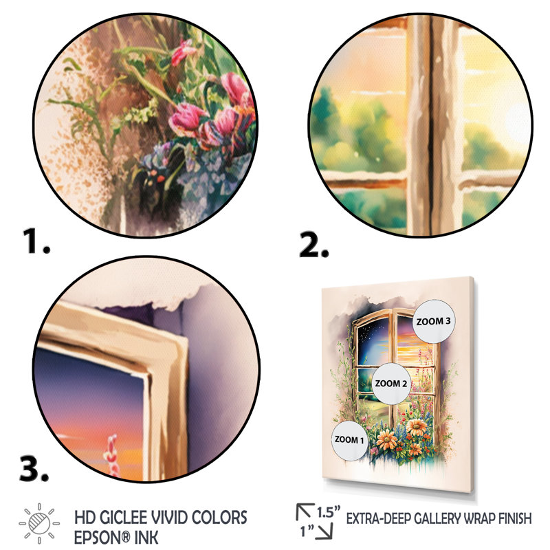 Été coucher de soleil floral fenêtre III - ferme fenêtres, reproduction sur toile, Cadre photo noir, H 32 po x l 24 po