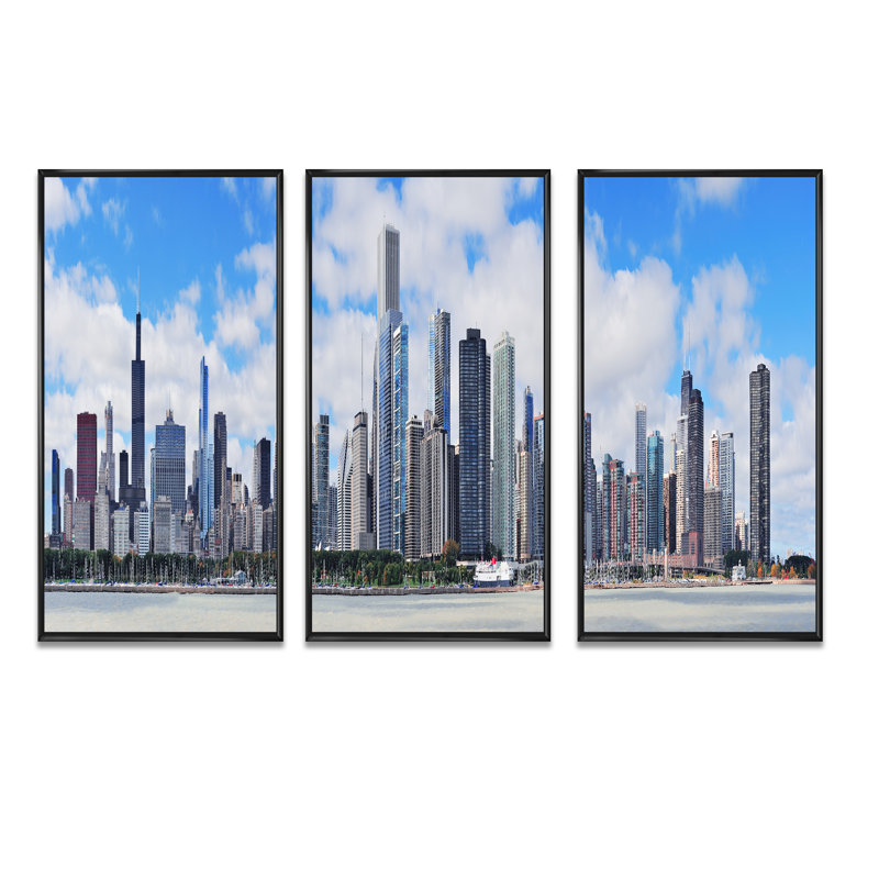 «Chicago City Urban Skyline - Cityscape», ensemble d'art mural sur toile, L 36 po x H 20 po, Noir